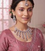Baby pink kundan & agate stone necklace set with earrings & maang tikka | rhodium plating