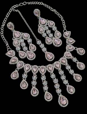 Baby pink kundan & agate stone necklace set with earrings & maang tikka | rhodium plating 2