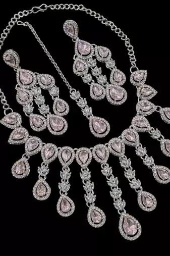 Baby pink kundan & agate stone necklace set with earrings & maang tikka | rhodium plating
