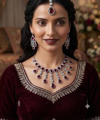 Maroon kundan & agate stone necklace set with earrings & maang tikka | rhodium plating 1