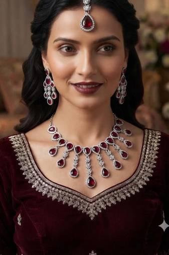 Maroon kundan & agate stone necklace set with earrings & maang tikka | rhodium plating