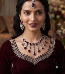 Maroon kundan & agate stone necklace set with earrings & maang tikka | rhodium plating
