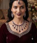 Maroon kundan & agate stone necklace set with earrings & maang tikka | rhodium plating