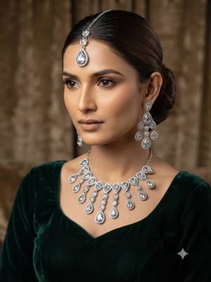White kundan & agate stone necklace set with earrings & maang tikka | rhodium plating 1