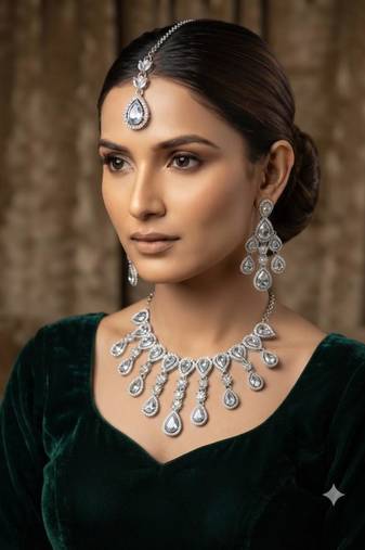White kundan & agate stone necklace set with earrings & maang tikka | rhodium plating