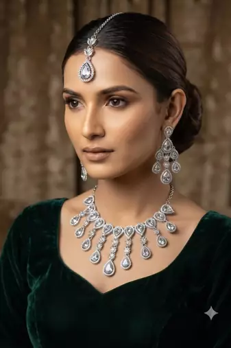 White kundan & agate stone necklace set with earrings & maang tikka | rhodium plating