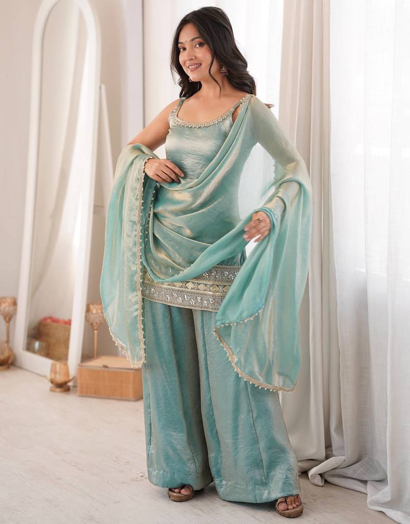 Sea green mirror work palazzo set