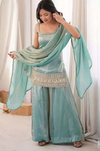 Sea green mirror work palazzo set