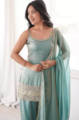 Sea green mirror work palazzo set