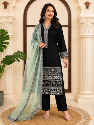 Black premium glass fabric straight suit set 1
