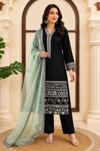 Black premium glass fabric straight suit set