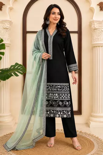 Black premium glass fabric straight suit set