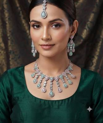 Pink pista kundan & agate stone necklace set with earrings & maang tikka | rhodium plating 1