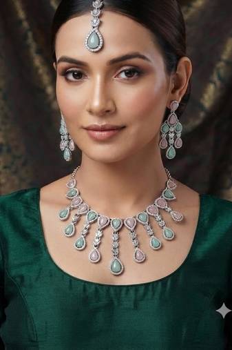 Pink pista kundan & agate stone necklace set with earrings & maang tikka | rhodium plating