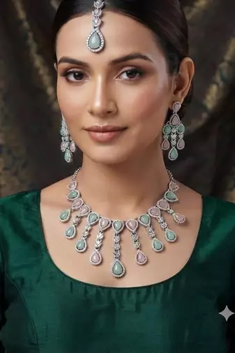 Pink pista kundan & agate stone necklace set with earrings & maang tikka | rhodium plating