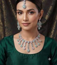 Pink pista kundan & agate stone necklace set with earrings & maang tikka | rhodium plating