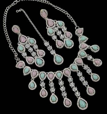 Pink pista kundan & agate stone necklace set with earrings & maang tikka | rhodium plating 2