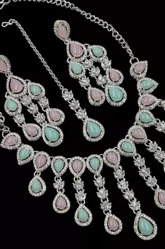 Pink pista kundan & agate stone necklace set with earrings & maang tikka | rhodium plating