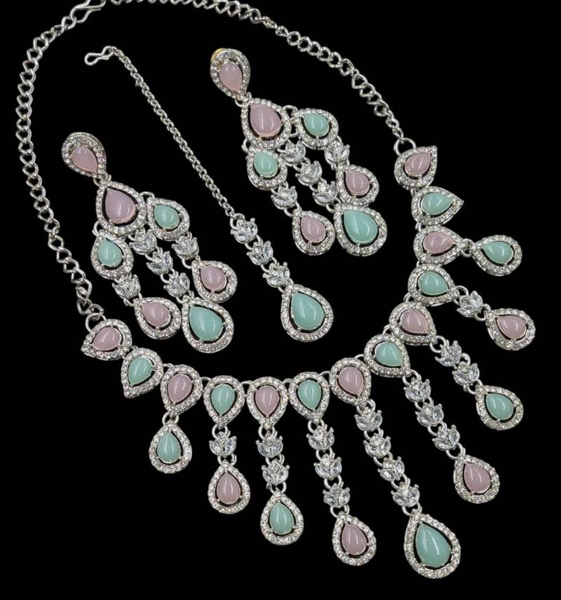 Pink pista kundan & agate stone necklace set with earrings & maang tikka | rhodium plating
