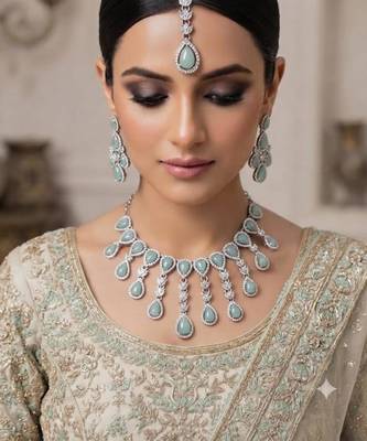 Pista kundan & agate stone necklace set with earrings & maang tikka | rhodium plating 1