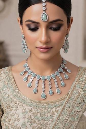 Pista kundan & agate stone necklace set with earrings & maang tikka | rhodium plating