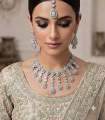 Pista kundan & agate stone necklace set with earrings & maang tikka | rhodium plating