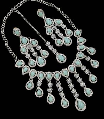 Pista kundan & agate stone necklace set with earrings & maang tikka | rhodium plating 2