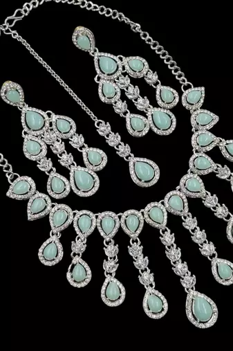 Pista kundan & agate stone necklace set with earrings & maang tikka | rhodium plating