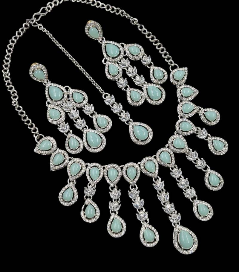 Pista kundan & agate stone necklace set with earrings & maang tikka | rhodium plating