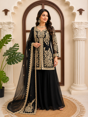 Black premium cross stitch palazzo suit set 1