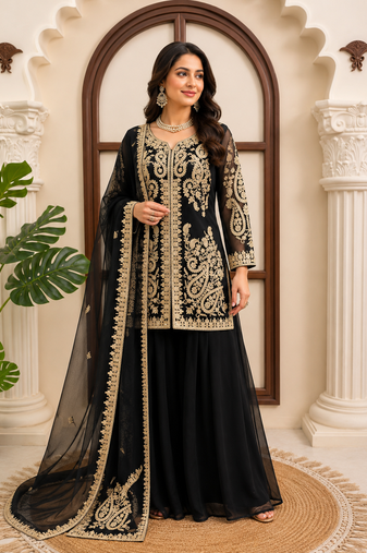 Black premium cross stitch palazzo suit set