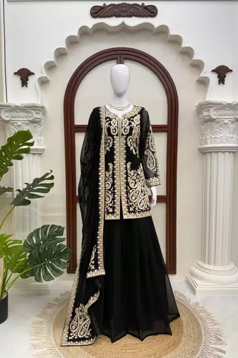 Black premium cross stitch palazzo suit set