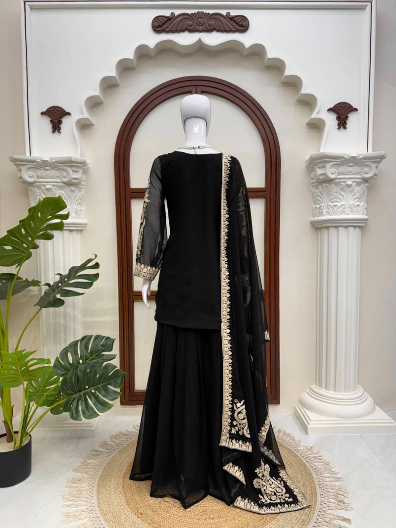 Black premium cross stitch palazzo suit set