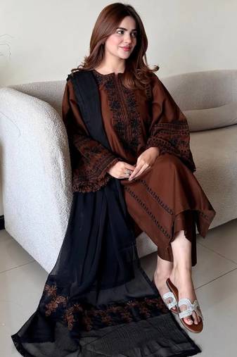 Brown roman silk blend embroidered suit set