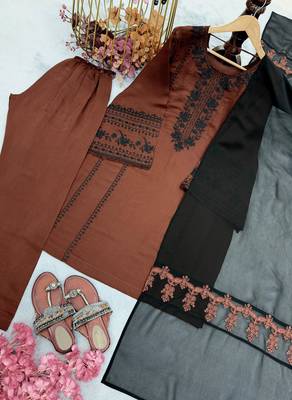 Brown roman silk blend embroidered suit set 2