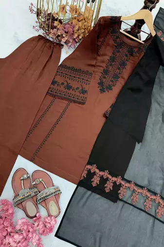 Brown roman silk blend embroidered suit set