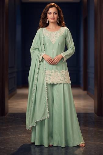 Sea green premium chinon palazzo suit set
