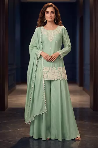 Sea green premium chinon palazzo suit set