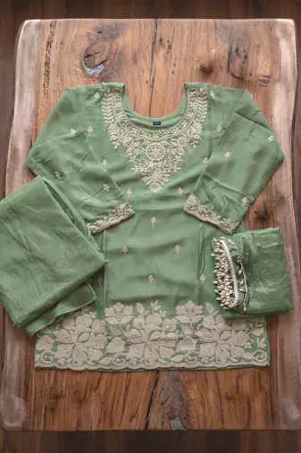 Sea green premium chinon palazzo suit set