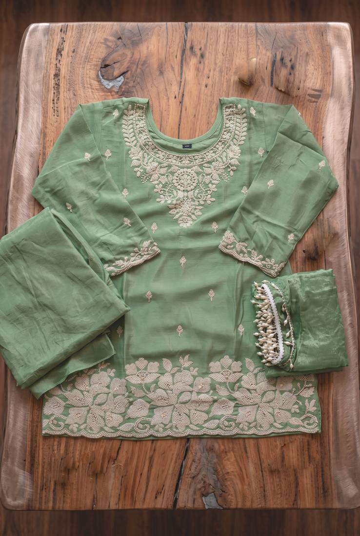 Sea green premium chinon palazzo suit set