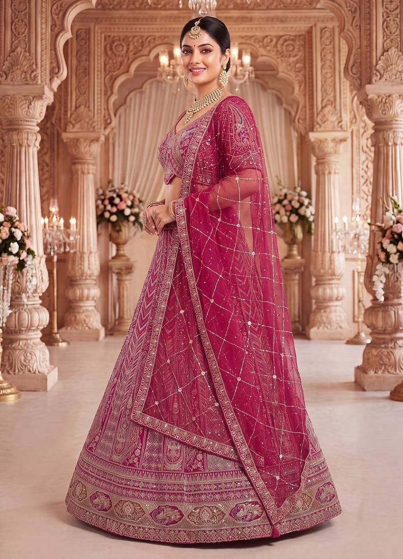 Royal Magenta  Lehenga Set with Intricate Hand Embroidery and Sheer Dupatta