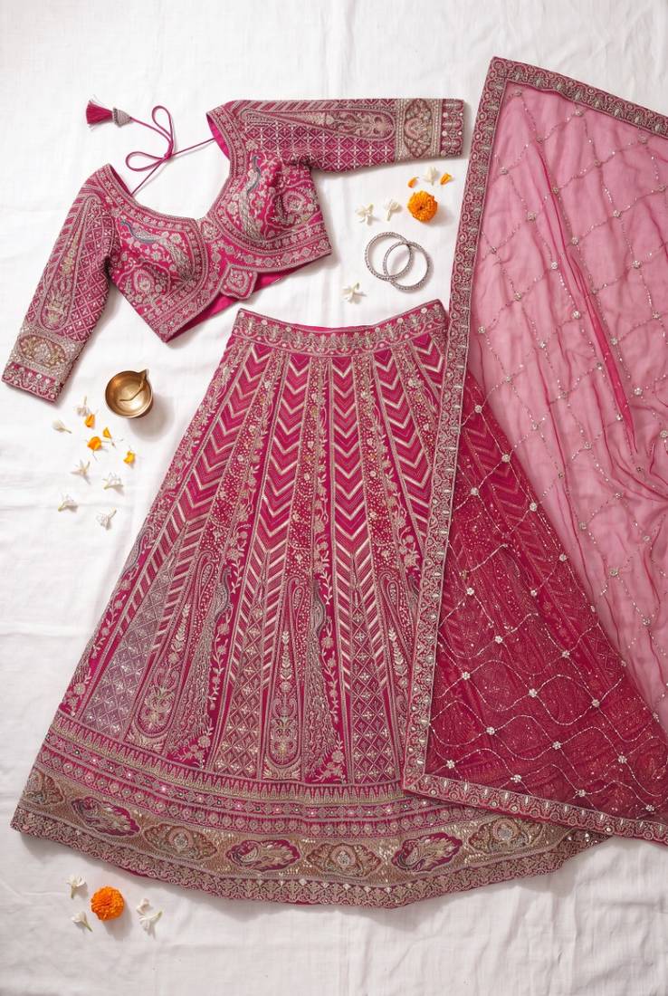 Royal Magenta  Lehenga Set with Intricate Hand Embroidery and Sheer Dupatta