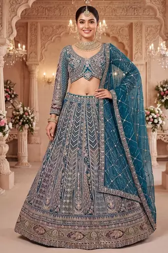 Teal Rama colour Embroidered Lehenga Choli with Dupatta