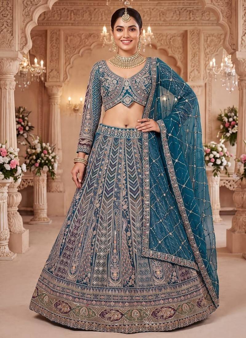 Teal Rama colour Embroidered Lehenga Choli with Dupatta