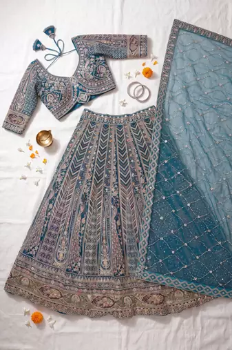 Teal Rama colour Embroidered Lehenga Choli with Dupatta