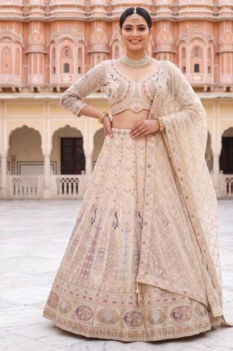Exquisite Beige Embroidered Lehenga Choli Set with Dupatta