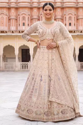 Exquisite Beige Embroidered Lehenga Choli Set with Dupatta