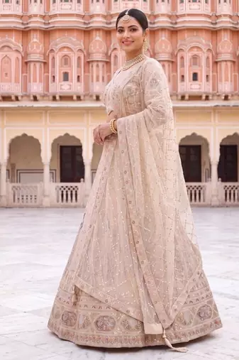 Exquisite Beige Embroidered Lehenga Choli Set with Dupatta