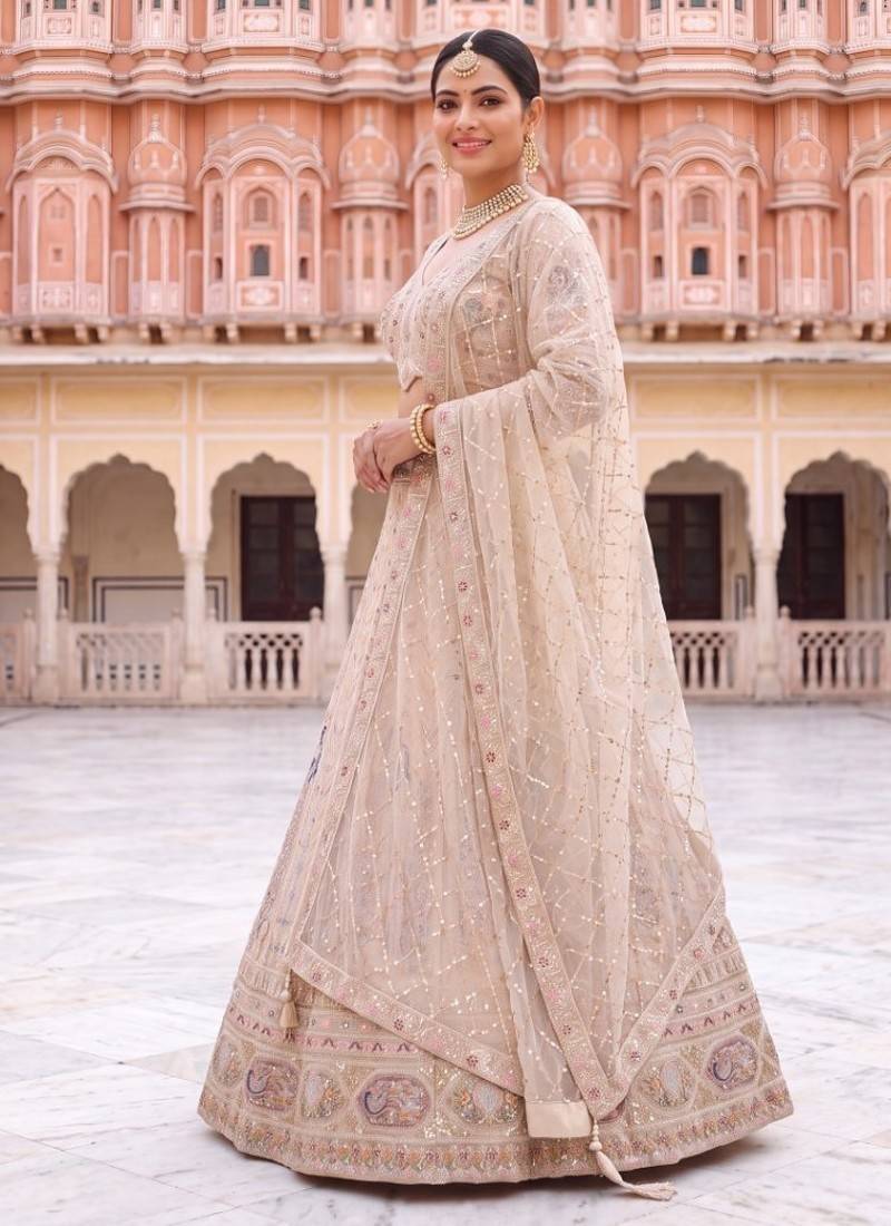 Exquisite Beige Embroidered Lehenga Choli Set with Dupatta