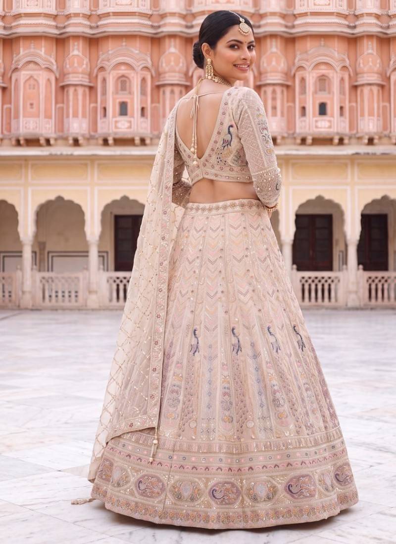 Exquisite Beige Embroidered Lehenga Choli Set with Dupatta